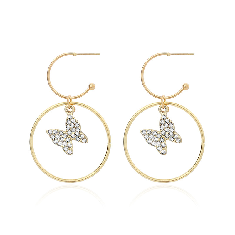 8g Weight Earrings Classification Wedding, Travel Occasion Butterfly Pattern Women'S Gender Gold Color Fashion Diamond-studded Geometric Big Circle Earrings Butterfly Pendant Rhinestone Earrings Wholesale Nihaojewelry 5