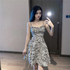 Straight neck low chest open back Zebra Print waist A-line umbrella swing skirt suspender dress