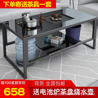 办公沙发火烧石功夫茶桌简约现代大理石泡茶台办公茶几带电磁炉