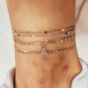 Fashionable multilayer ankle bracelet, set with letters, metal chain, decorations, European style, A-line, 3 piece set