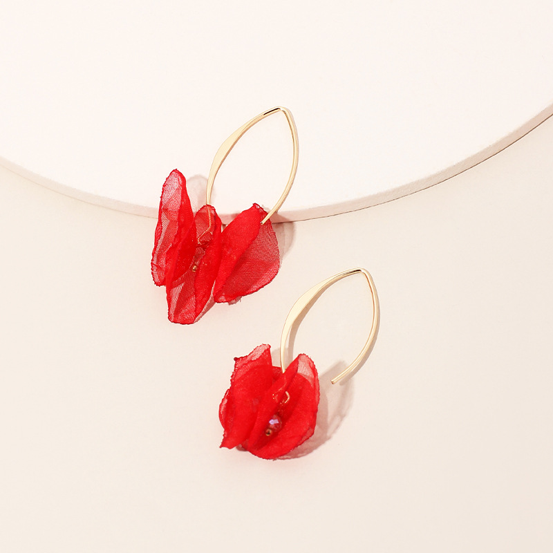4g Weight Earrings Classification Housewarming, Anniversary, Business, Wedding, Travel, Birthday, Festival Occasion Alloy Material Flower Pattern Women'S Gender Sweet Style Rose Red, White, Beige, Pink, Red, Green, Blue, Yellow, Black Color Korean Summer New Lace Mesh Flower Earrings Color Petal Earrings Wholesale Nihaojewelry 6