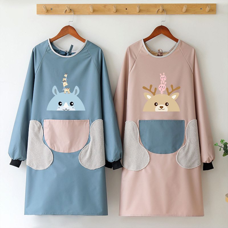 Waterproof and Oil-Proof Long-Sleeved Apron for Women, Fashionable Kitchen Coveralls for Adults, Cute Japanese and Korean Style Work Clothes