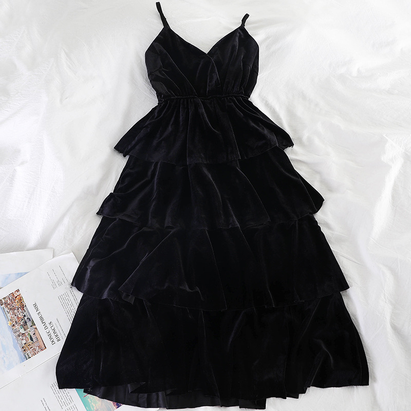 L176复古高腰显瘦金丝绒吊带裙气质秋冬款打底裙中长蛋糕连衣裙女