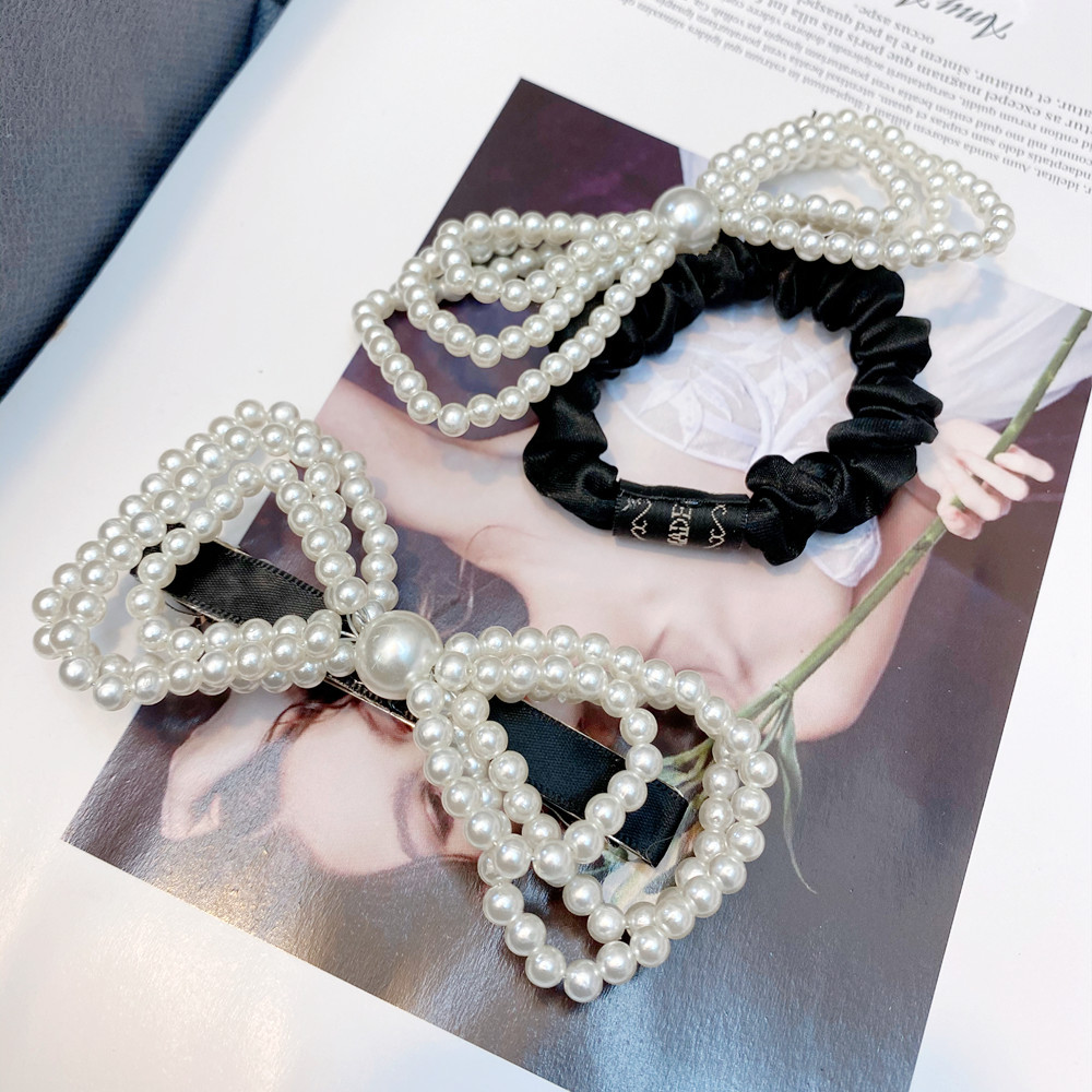 Pearl Three-layer Bowknot Hair Scrunchies Retro Hairpin display picture 7