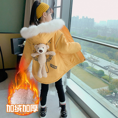 女童反光小熊毛领派克服棉衣2020秋冬装中大童外套童装一件代发|ms