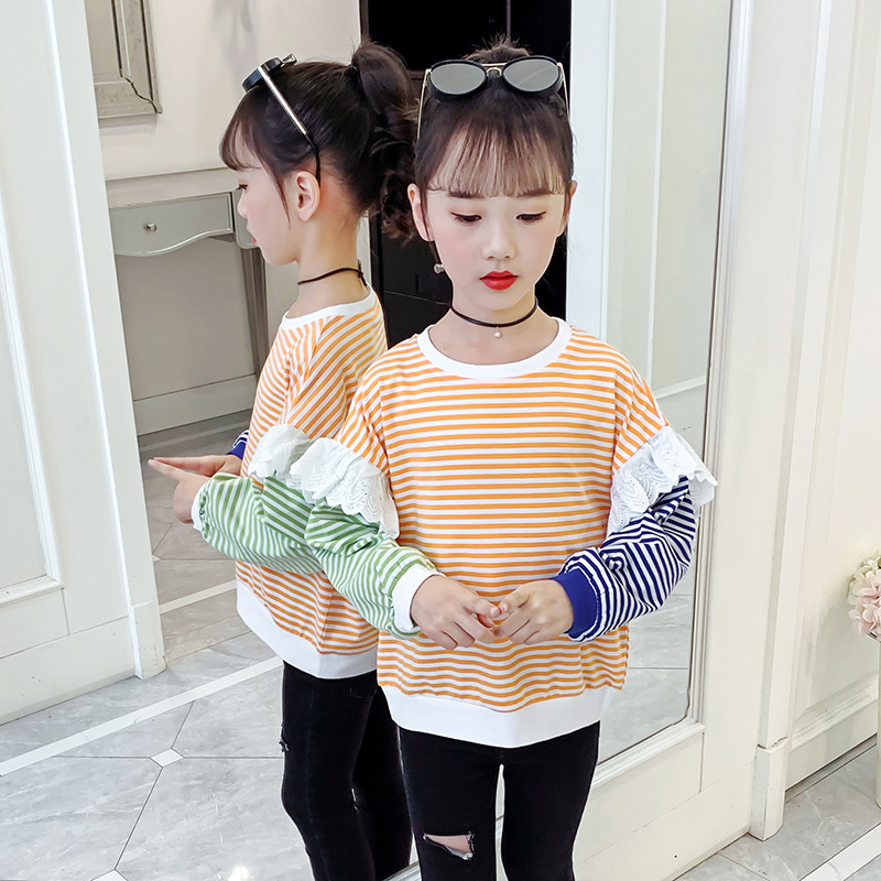 Girls long-sleeved T-shirt 2024 new spring and autumn style striped versatile tops contrasting color stitching girls T-shirt trendy