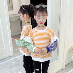 Girls long-sleeved T-shirt 2024 new spring and autumn style striped versatile tops contrasting color stitching girls T-shirt trendy