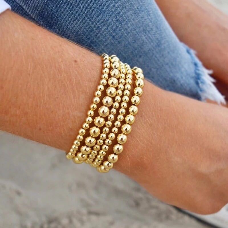 2 Stück vielseitige runde Perlen aus Hämatit, vergoldet, mit geometrischem elastischem Armband im Strandstil, Farbbeständigkeit_voghion.com