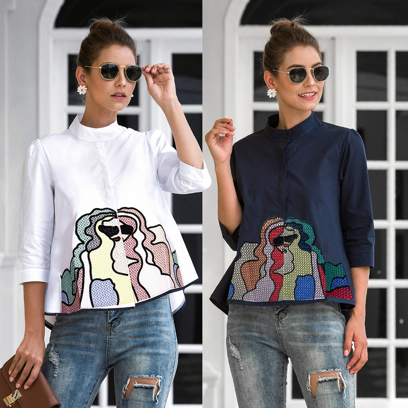 Spot cross-border European and American women's summer new fashion casual sleeve doll shirt heavy embroidery cotton