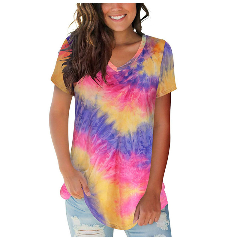 V-Neck Loose Tie-Dye Short-Sleeved T-Shirt NSLGY111053