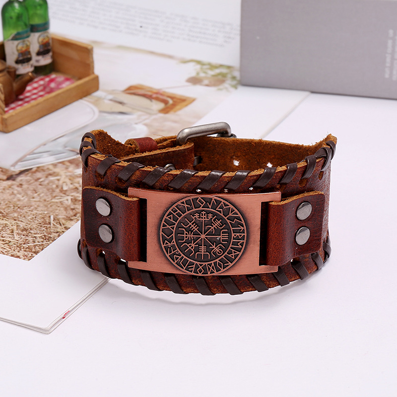 Grenz Überschreiten Der Neuer Schmuck Nordic Viking Pirate Rindsleder Armband Retro Gewebter Kompass Herren Leder Armband display picture 4