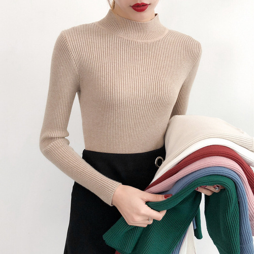 Spring and Autumn new style half turtleneck pullover regular sweater women's inner layer slim solid color long-sleeved bottoming sweater wholesale