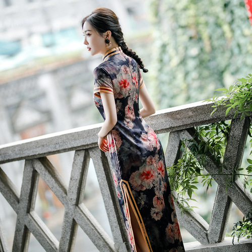 Chinese Dress cheongsam for womenCheongsam double layer long duplicate ancient style short sleeve standing collar cheongsam skirt