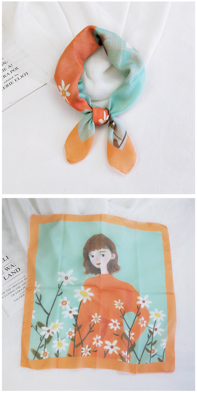 50g Weight Silk Scarf Classification Travel Occasion Unisex Gender Printing Design Sweet Style Grey&Pink, Grey, White, Purple, Green, Blue, Camel, Yellow, Black Color Cotton Linen Small Square Scarf 5