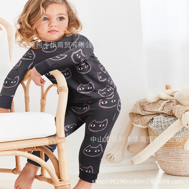 Cross-Border Kidsren's Long-Sleeved Suit Pure Cotton Rib Milk Silk Polyester Home Clothes Pajamas Kidspajamas