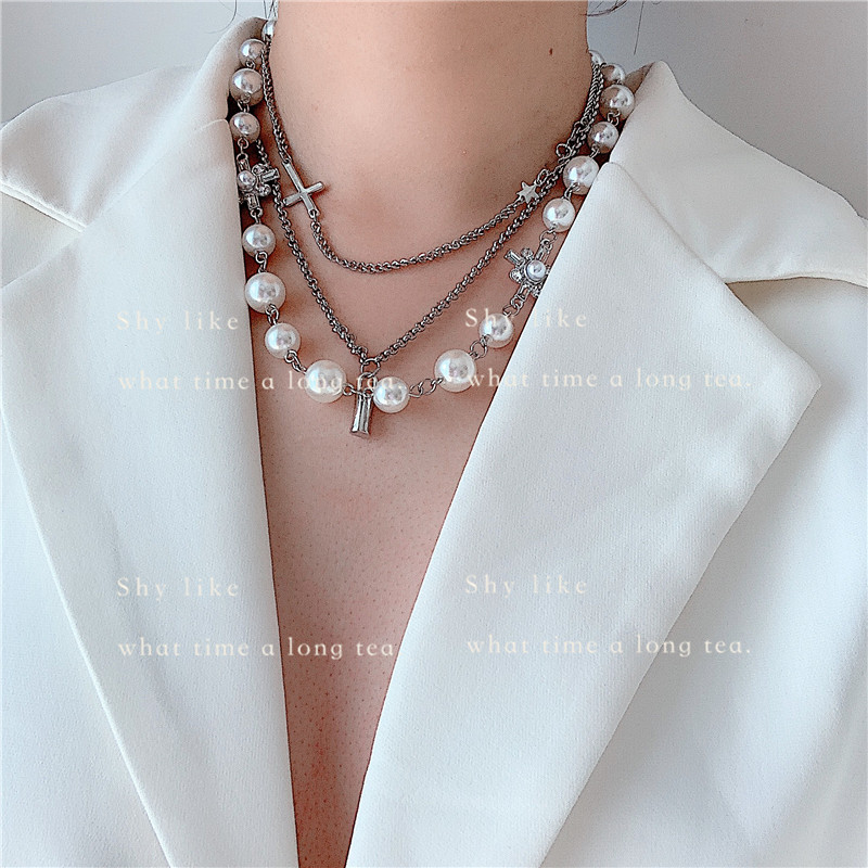 Koreans niche design multilevel cross pearl clavicle chain necklace choker wholesale nihaojewelrypicture1