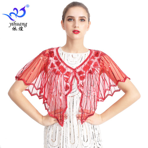 Irregular mesh sequined evening dresses dance performance flapper dress shawl see-through lace outerwear short black red blue one button cardigan cloak chiffon cape