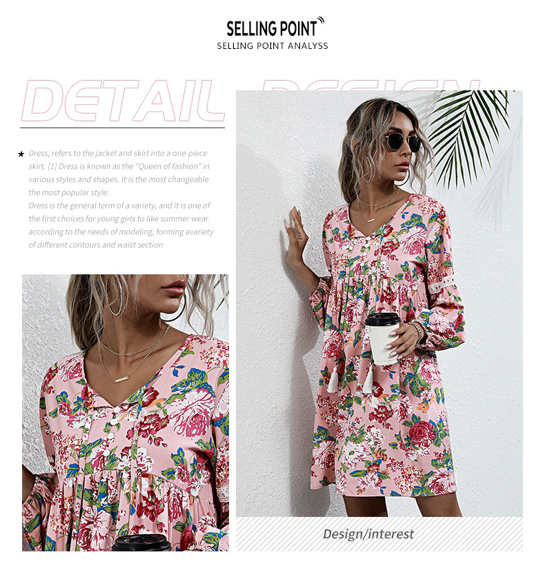 women s v-neck flower print long-sleeved dress nihaostyles wholesale clothing NSDMB79590