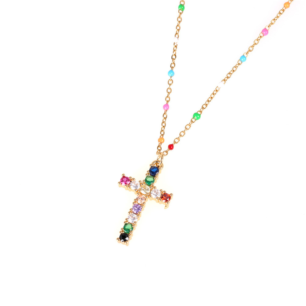 New Fashion Color Zircon Necklace Diamond Cross Necklace Dripping Stainless Steel Clavicle Necklace display picture 3