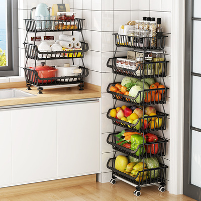 新款厨房置物架家用落地式多层零食储物筐可移动放蔬菜水果收纳篮|ms