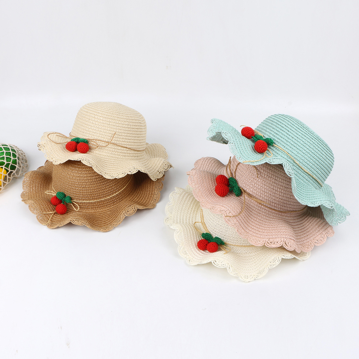 Cherry Lace Wave Straw Hat Bag Set Children&#39;s Sun Hat Summer New Outdoor Sun Hat display picture 17