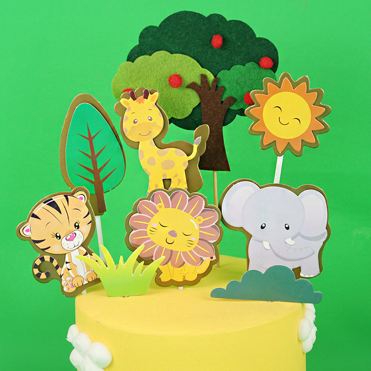 版权烘焙蛋糕装饰双层动物蛋糕插牌长颈鹿狮子大象甜品台生日插件详情2