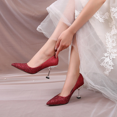 2020年新款紅色水晶鞋淺口鞋結婚高跟鞋子新娘鞋細跟婚鞋壹件代發