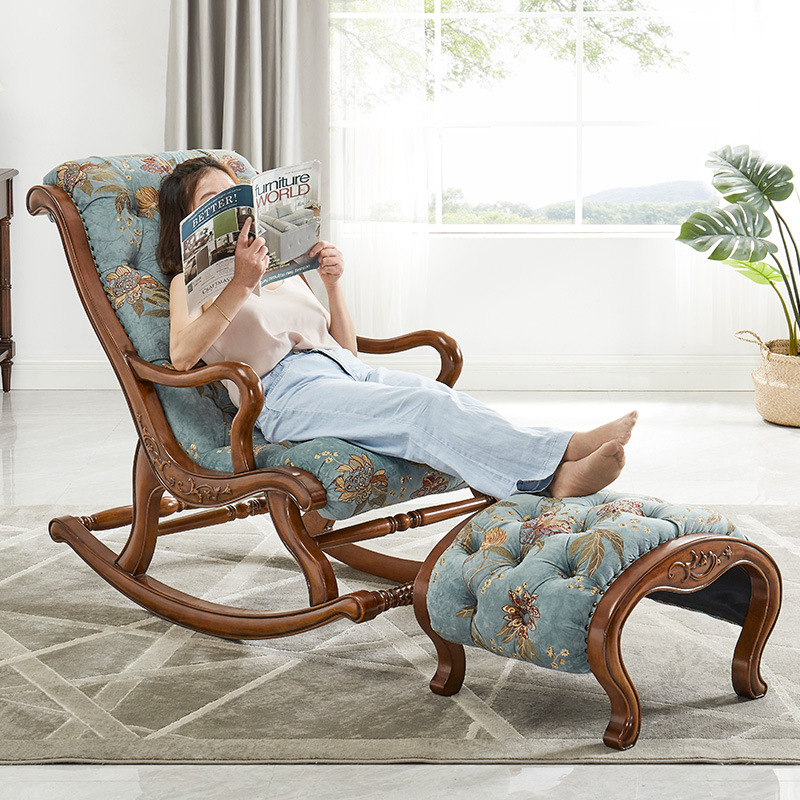 格澜帝尔美式全实木摇椅皮艺布艺沙发脚踏休闲成人家用客厅单人椅|ms