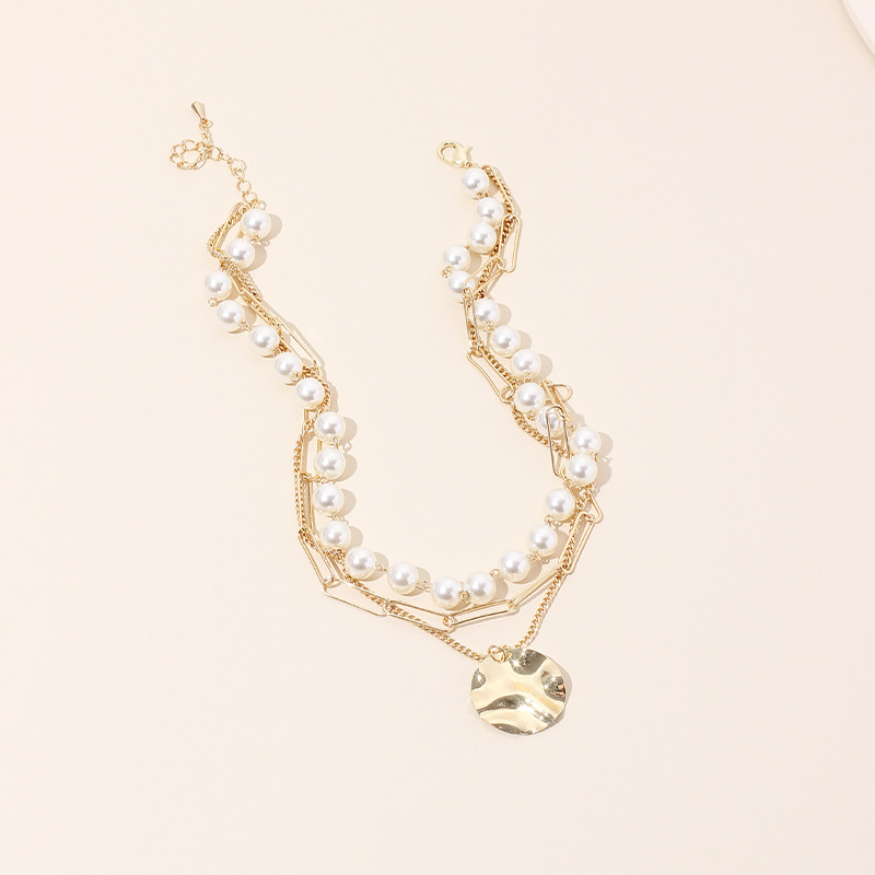 38g Weight Necklace Classification Wedding, Travel Occasion Women'S Gender Fashion Style Gold Color Fashion Multi-layer Pearl Disc Necklace Simple Fashion Short Clavicle Necklace 1