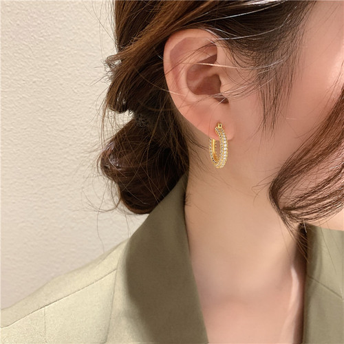 Niche design micro-inlaid zircon geometric hoop earrings temperament ins cool style earrings personalized fashionable earrings