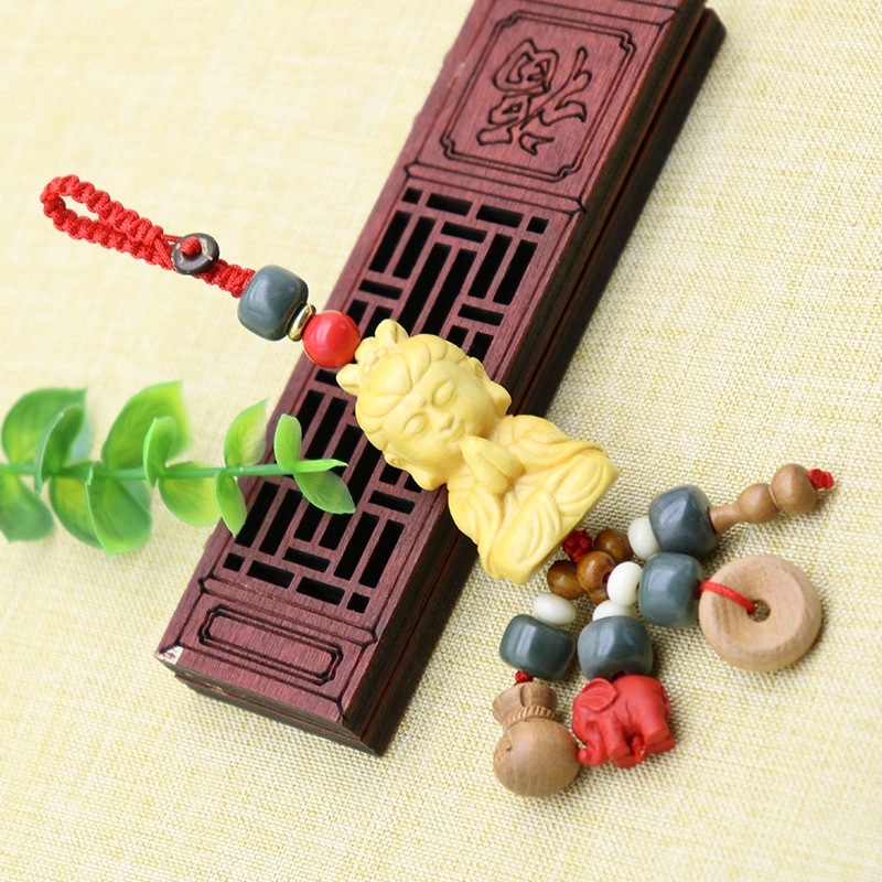 黄杨木雕 钥匙扣 观音挂件创意diy 配饰品件 旅游礼品  朱砂大象