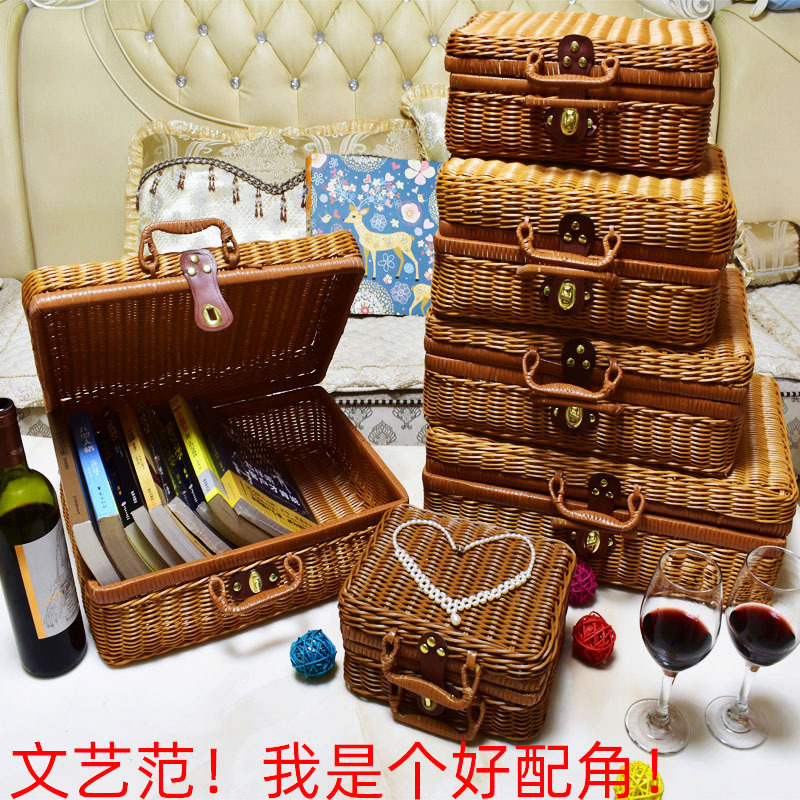 仿藤胶藤编织野餐箱复古收纳伴手礼拍照道具伴手礼提箱