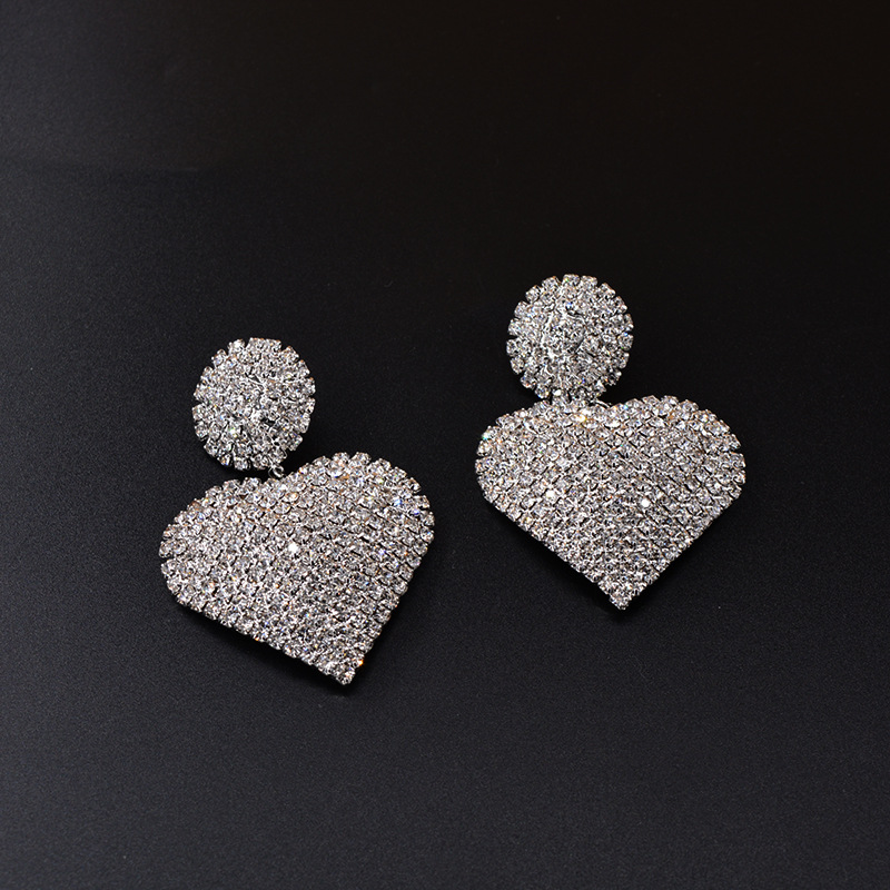 New Simple Fashion Full Diamond Love Rhinestone Exaggerated Earrings Wholesale Nihaojewelry display picture 7