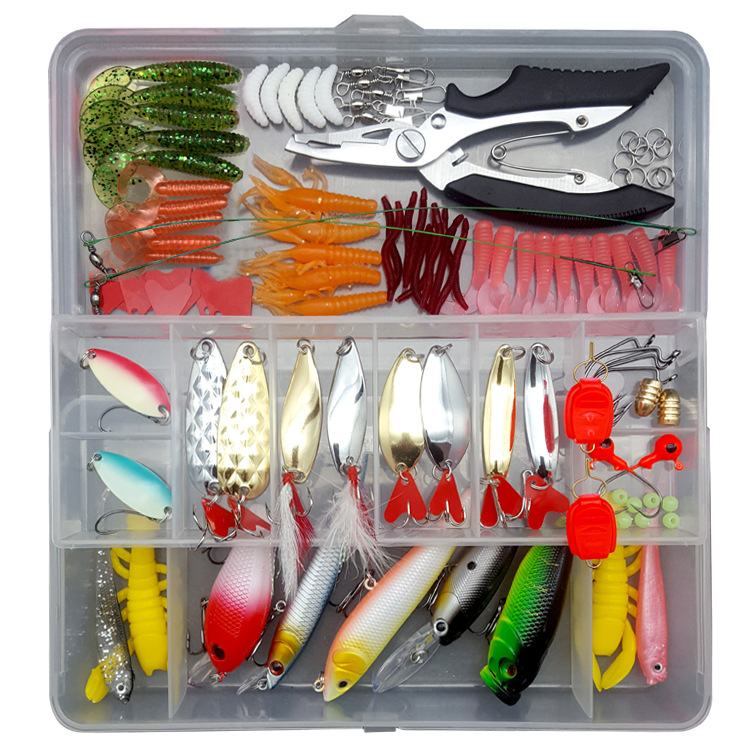 Bait Kit Freshwater Bait Kit Bass Salmon Tackle Kit Includes Spoon Bait Soft Plastic Worms Crank Bait Hook Tackle Box