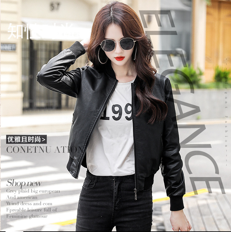 mlb T-shirts black leather clothing Female motorcycle have cash less than that is registered in the accounts coat 2021 new pattern pu leather jacket Plush keep warm