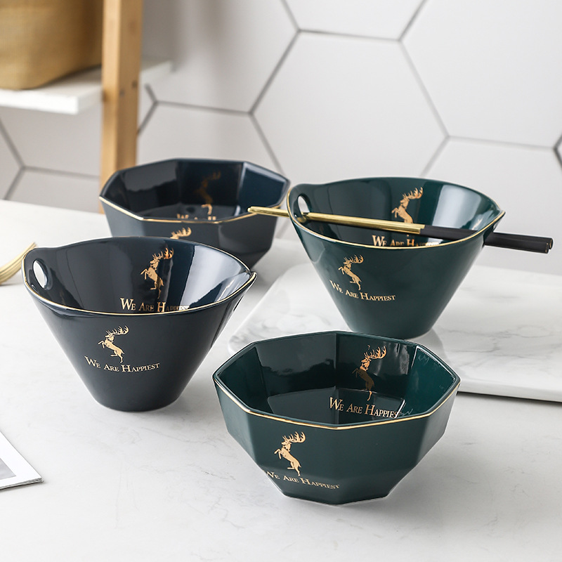 Nórdico simple moderno personalizado hogar ensalada de frutas tazón de fideos instantáneos tazón de sopa grande cerámica de doble oreja ramen Bucket Bowl