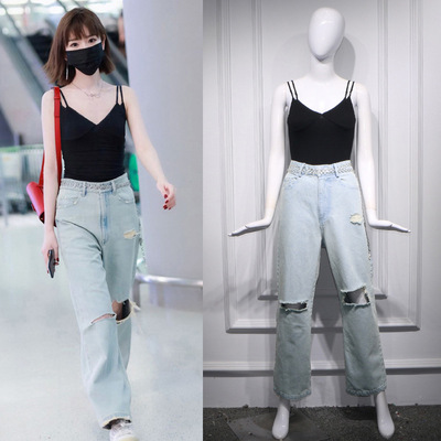 明星毛晓彤同款黑色吊带上衣修身显瘦浅蓝色破洞直筒牛仔裤女韩潮|ms