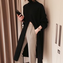 韓國官網女裝個性高腰開叉造型時尚高領長款連衣裙毛衣