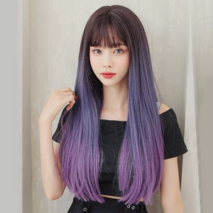  female long hair wig blue purple gradual change long straight hair air bangs full top hair set purple full head set
