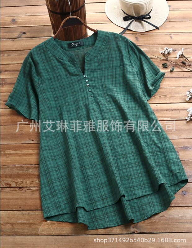 2023 European and American Style Wish Plaid Button V-Neck Short-Sleeve Plus-Size Women's Shirt in Stock, Fashionable and Versatile for a Stylish Commute