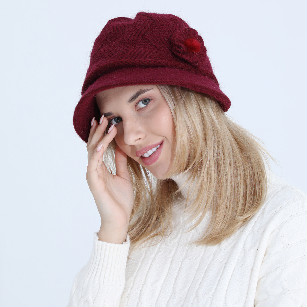 Gestrickte Damen Mütze Mit Kaninchenhaar Warm Für Den Winter_voghion.com