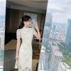 Lace hook flower cheongsam skirt A-line skirt bubble Short Sleeve Dress