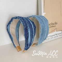 韓國復古牛仔褶皺發箍百搭新款洗臉布藝寬邊頭箍發捆簡約時尚發窟