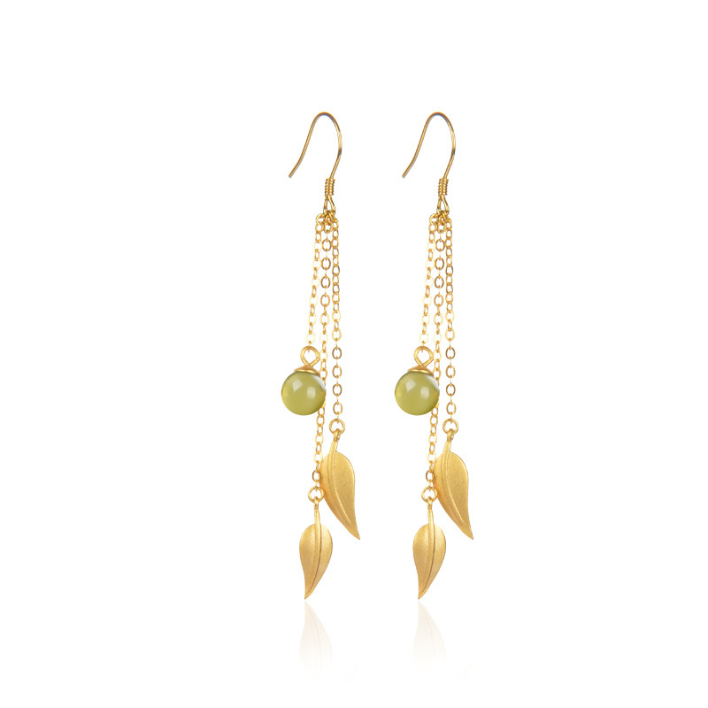 S925 plata esterlina borla pendientes de las mujeres vintage oro antiguo artesanía cuentas redondas verde Jade hoja pendientes de oro arena