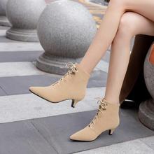 30-48性感优雅绒面女靴 交叉系带细跟中跟尖头短靴骑士靴裸靴E386