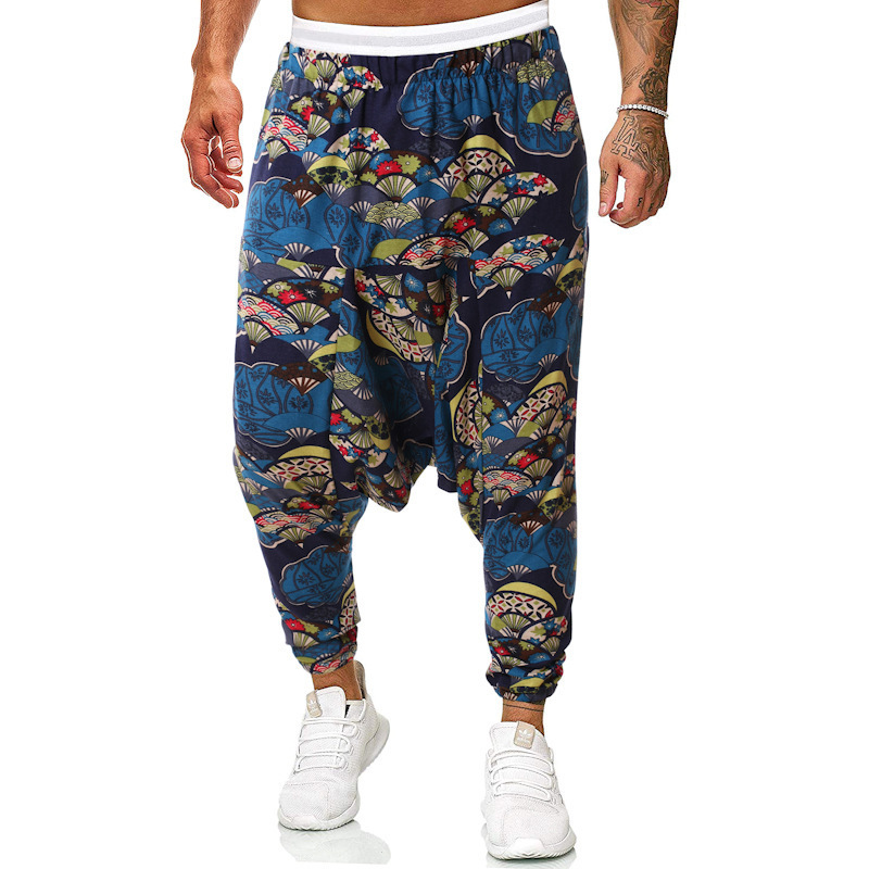 Summer Cotton And Linen Plus Size Loose Casual Men's Printed Harlan Cropped Pants