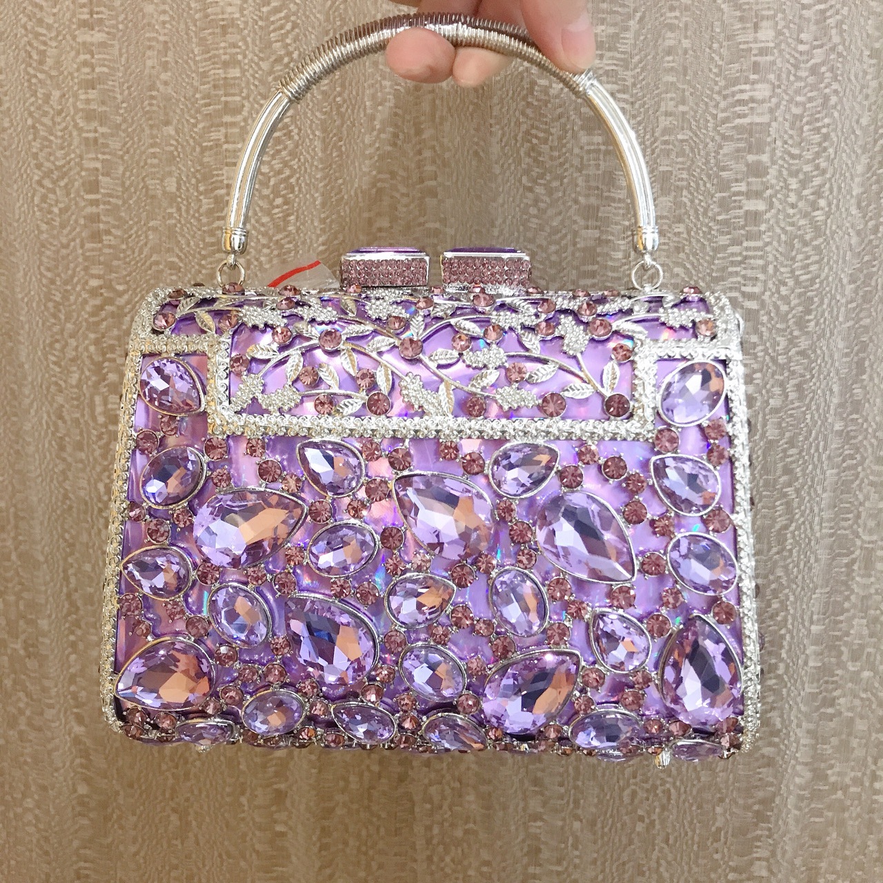 Túi xách tay mini nữ đính kim cương dạ tiệc kim loại vuông nhỏ — Hoa violet chi tiết 3