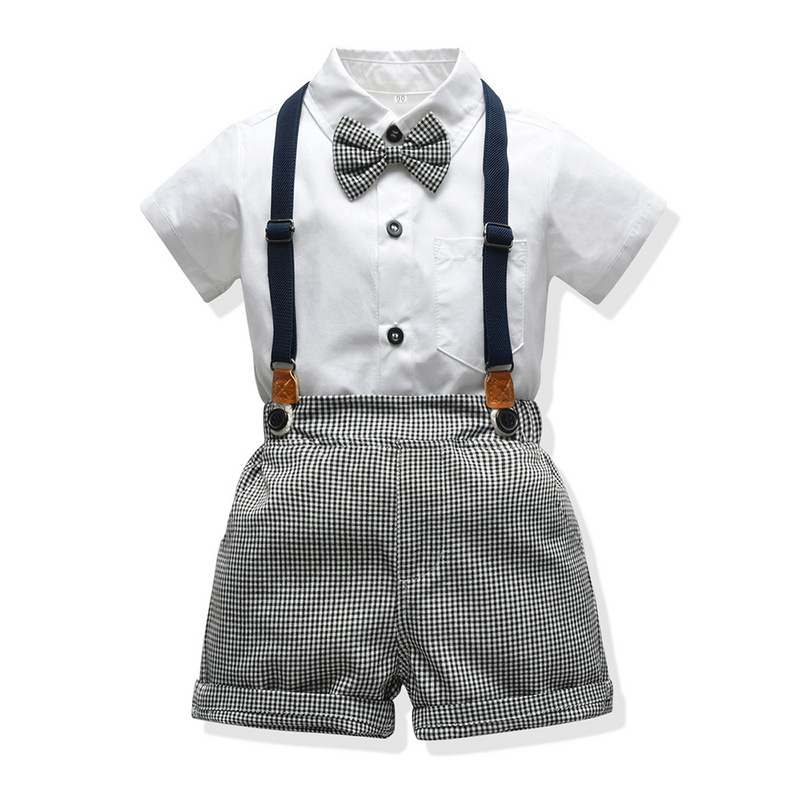 New Summer Children's Clothing Boys British Style Short-sleeved Shirts Plaid Overalls display picture 5