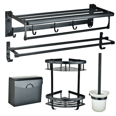 浴室挂件太空鋁套裝 置物架 黑色毛巾架五件套方形紙巾盒套裝批發