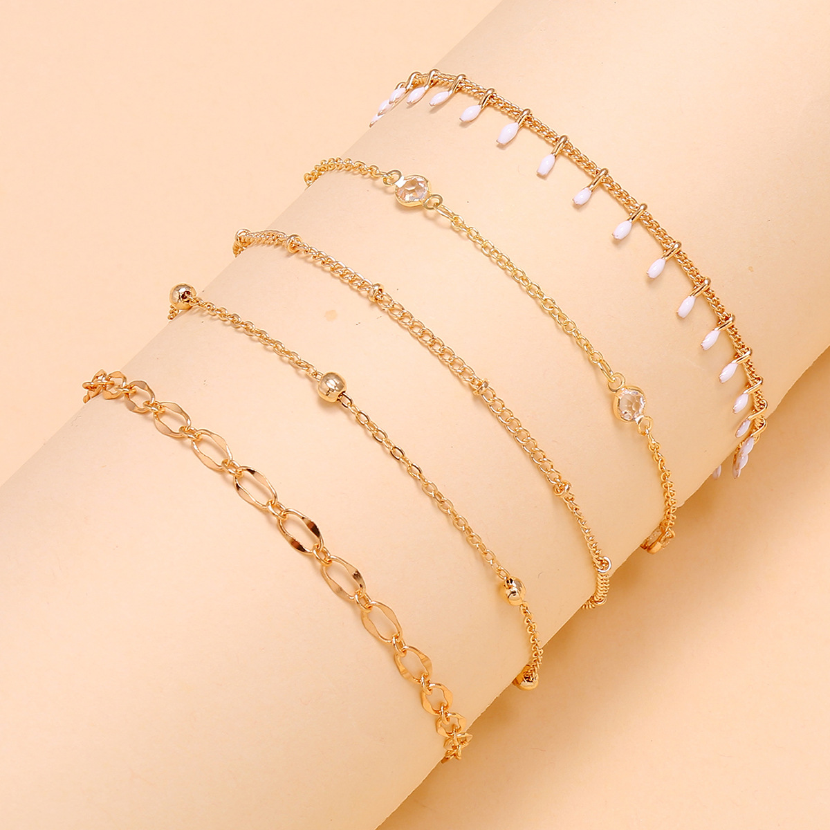 Simple Summer Beach Handmade White Dripping Crystal Bead Chain Five-piece Multi-layer Anklet Set Of 5 Wholesale Nihaojewelry display picture 3